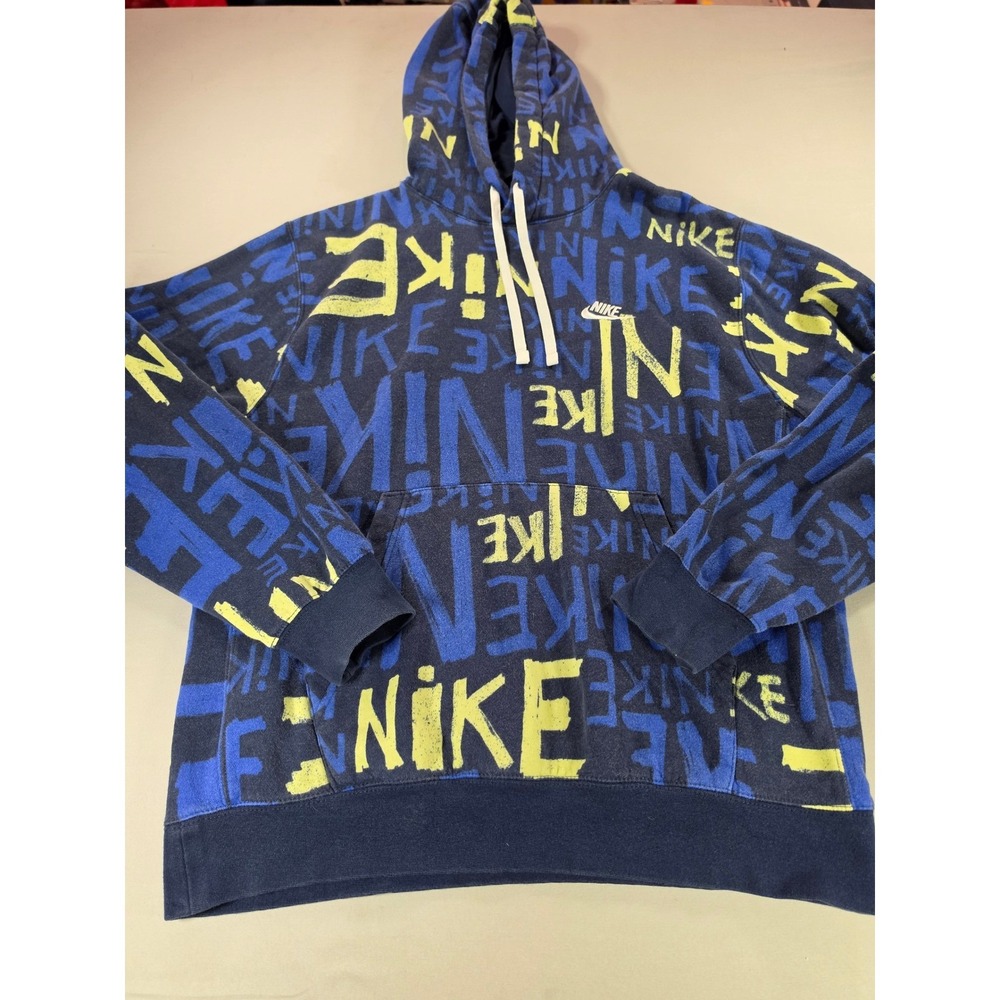 Nike Sportswear All Over Print Graffiti Logo Hoodie Navy Blue Neon Yellow Mens M